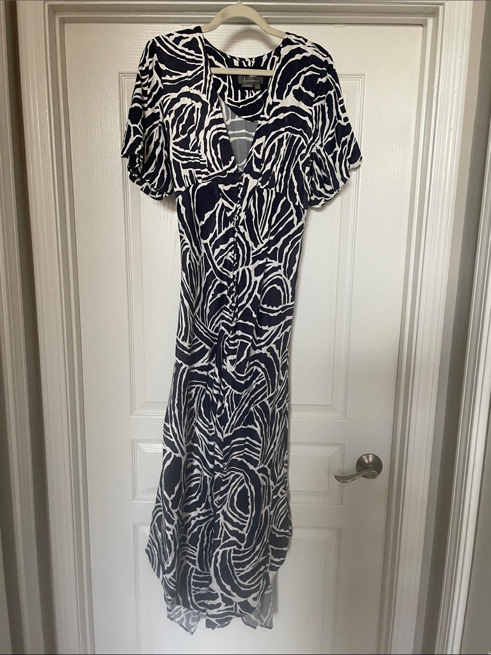 Anthropologie Navy and White Midi Dress with Abstract Swirl Print